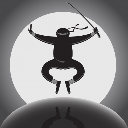  ninja with katana jumping over full moon background のイラスト素材