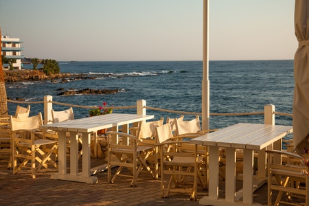 Beautiful coffee terrace with sea view, Crete, Greece の写真素材