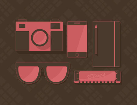 Vector set of objects in hipster style, retro camera, sunglasses, phone, notebook, and harmonica の写真素材