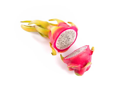 Dragon fruit cut in half, isolated on white backgroundの写真素材