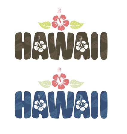 Vector illustration of Hawaii word with tropical hibiscus flowers in vintage colorsのイラスト素材