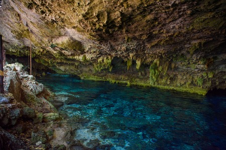 Cenote Dos Ojos with clear blue water in the caveの写真素材