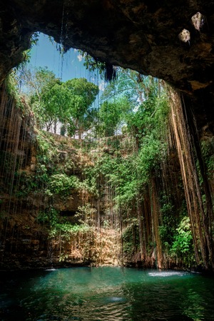 Cenote Ecoturistico Ik-Kil with blue clear water. Inside view.の写真素材