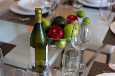 Table served with cutlery and fruit close-upの写真素材