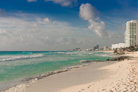 Sea shore on the Caribbean beach in the Area Hoteleria in Cancun Quintana Roo Mexico.