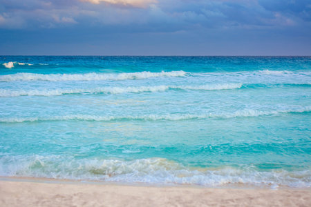 Sea shore on the Caribbean beach in the Zona Hoteleria in Cancun Quintana Roo Mexico.