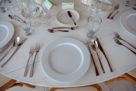elegant banquet tables prepared for a conference or a partyの写真素材