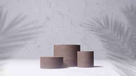 Wooden Podium mockup on pastel light architectural background for premium product -3D render. Unobtrusive botanical background with shadows, natural marble on the wall trend frame,の写真素材