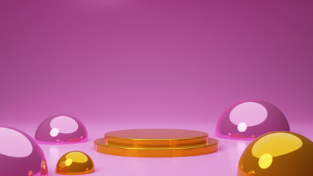 Pink and gold podium. pedestal cylinder podium. Vertical texture in arch window background. Abstract vector rendering 3d shape. Pastel minimal scene for product display, Stage showの写真素材