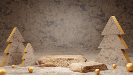 Beige neutral marble product mock up background for Christmas and winter holiday concept. Christmas balls and pine trees on stone podium. 3d rendering illustrationの写真素材