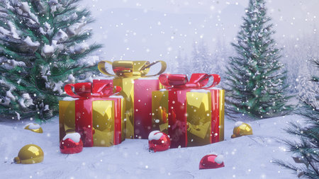 Christmas gift boxes pine tree toys, merry Christmas snowfall red gold 3d animation, holidaysの写真素材