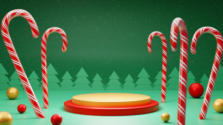 Minimal product mock up background for Christmas and winter holiday concept. Christmas balls and candy cane on red gold podium. 3d render illustration. green pine tree backgroundの写真素材