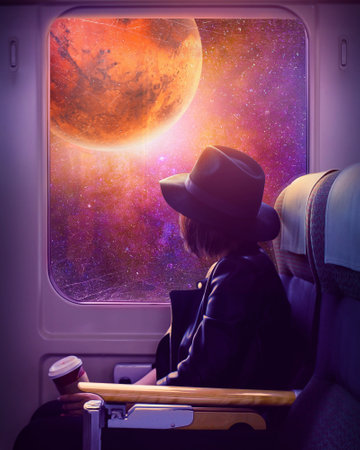 The girl on the train looks out the window. Fantasy galactic landscape, planet marsの写真素材