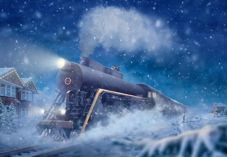 Christmas train, snowy landscape, a little boy sees off or meets the train. Fantasy photo manipulation Christmas picture, express illustration. Tramp sitting on the roof of a trainの写真素材