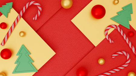 Christmas decorations on a red and gold background. Christmas candy canes, pines and balls 3d top view. christmas patternの写真素材