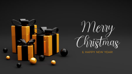Black and gold Merry Christmas and a Happy New Year banner. Gift boxes and christmas balls 3dの写真素材