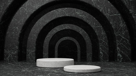 Black and white Marble podium. Stone cylinder pedestal. arch background. Abstract 3d background. Minimal black scene for product display, Stageの写真素材