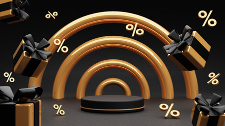 3d black friday discount sale background. Illustration of gold podium with gift boxes and percent signの写真素材