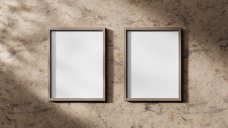 Blanc Wooden frame mockup on beige neutral background 3d with modern lightingの写真素材