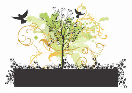 Illustration of a tree and decorative patternsのイラスト素材