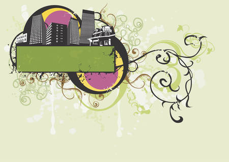 Illustration of a decorative frame and urban buildingsのイラスト素材