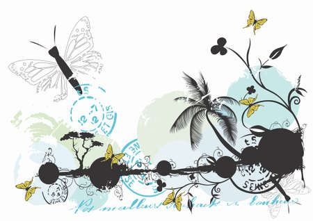 Illustration of a palm tree and butterfliesのイラスト素材