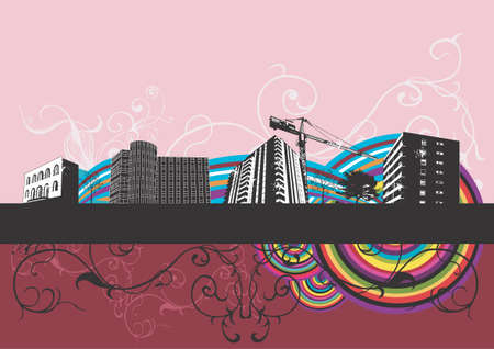 Illustration of urban buildings and decorative patternsのイラスト素材