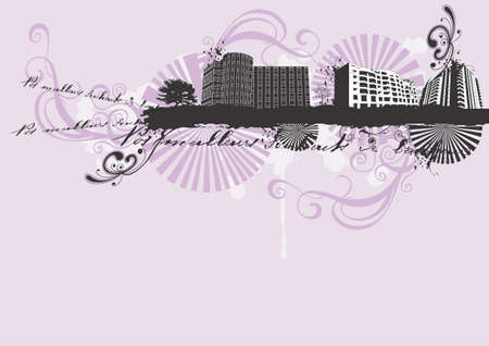 Illustration of urban buildings and decorative patternsのイラスト素材