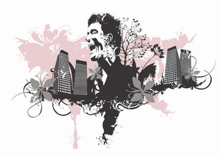 Illustration of a man and urban buildingsのイラスト素材