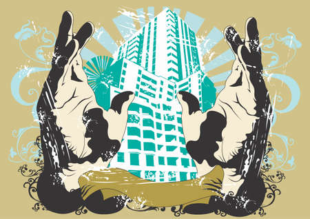 Grungy illustration of hands and urban buildingsのイラスト素材