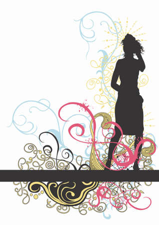 Illustration of a female silhouette and decorative patternsのイラスト素材