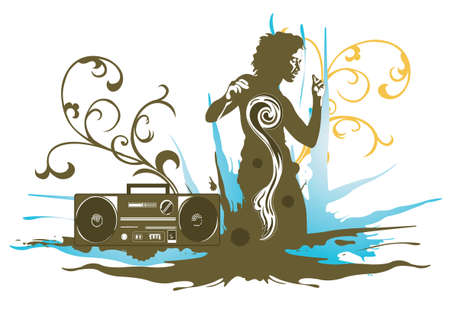 Illustration of a dancing woman and a radio setのイラスト素材