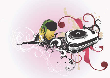 Illustration of a woman with headphones and a retro turntableのイラスト素材