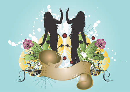 Illustration of a retro banner and female silhouettesのイラスト素材
