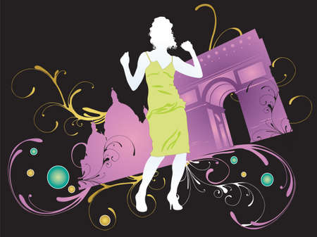 Illustration of a dancing woman and the Triumphal Archのイラスト素材