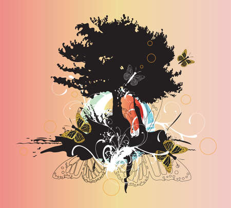 Illustration of a tree and decorative patternsのイラスト素材