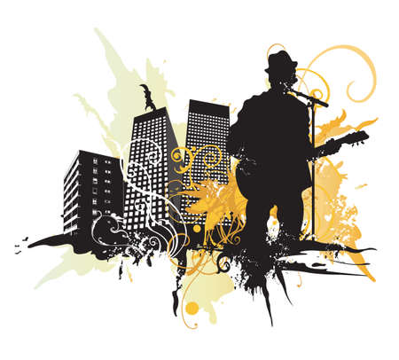 Illustration of a guitarist and urban buildingsのイラスト素材