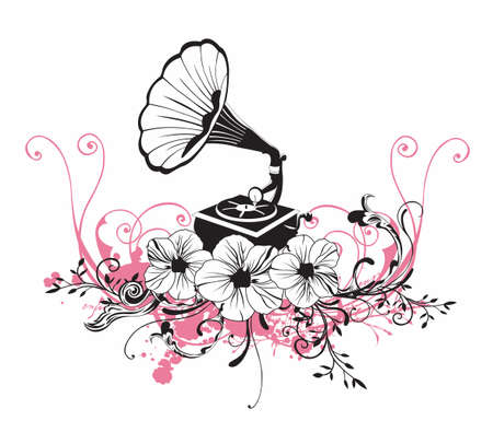 Illustration of a gramophone and floral patternsのイラスト素材