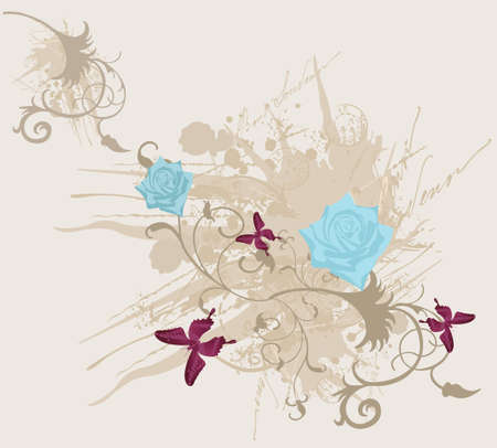 Illustration of roses and butterflies on a grungy backgroundのイラスト素材