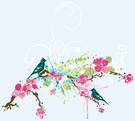 Illustration of a spring background with flowers and birdsのイラスト素材