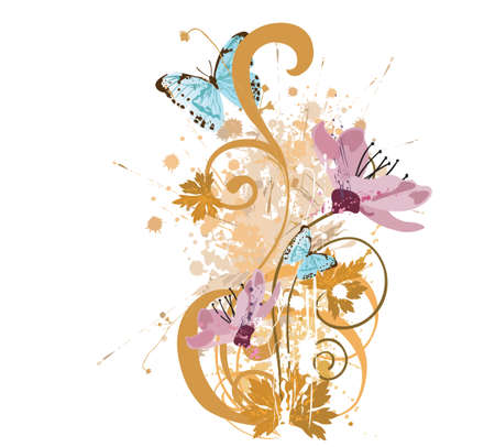 Illustration of grungy flowers and butterfliesのイラスト素材