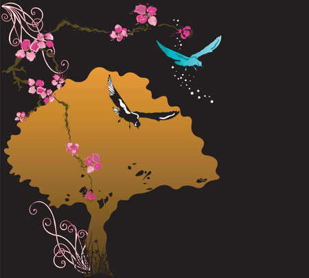 Illustration of a tree and birdsのイラスト素材