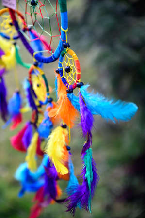 Mystic colorful dream catcher, boho vintage decoration. Nature background, details.の写真素材