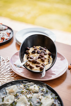 Healthy luxury snack catering on a party. Fine dish in restaurant.の写真素材