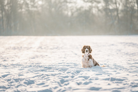 Happy healthy active dog purebred welsh springer spaniel looking cute on a snowy field.の写真素材