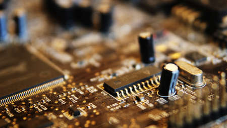 Computer motherboard, electronic components on circuits board, printed electronic board(PCB). Close up of Electronic Circuits in Technology on Mainboard(Main board,cpu motherboard,system board or moboの写真素材