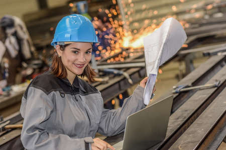 Woman supervisor analyzing production on a computer in a factoryの写真素材