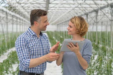 Young couple agronomist analyzes greenhouse performance with tablet