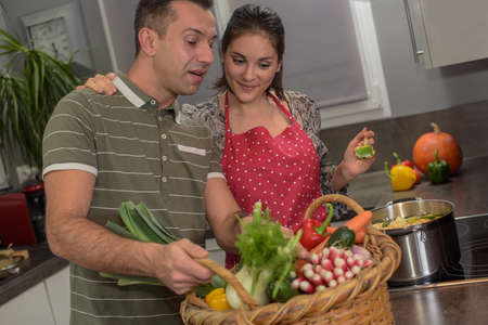 Return from the market with fresh vegetablesの写真素材