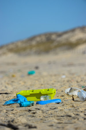 View of waste on the beachの写真素材